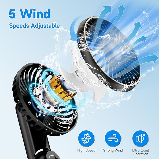 Portable Handheld Fan, [Up to 15 Working Hours] 180° Foldable Personal Fans, USB Rechargeable Mini Hand Fan for Travel/Summer/Outdoor/Office, 5 Speeds Adjustable, LED Display,Black