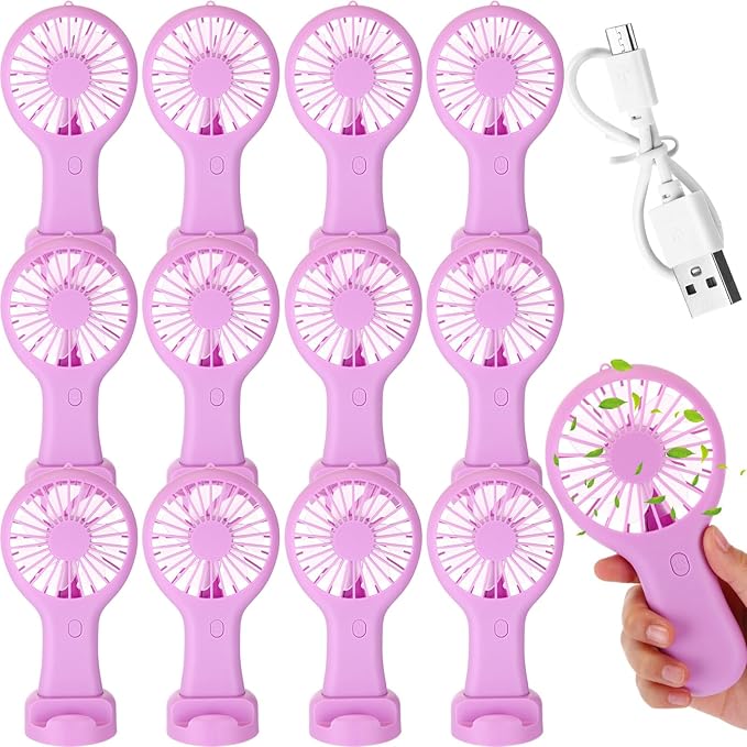Woanger 12 Pcs Mini Handheld Fan Bulk 3 Speed USB Electric Battery Operated Small Portable Pocket Fan with Data Cable and Mounting Base Quiet Summer Gift for Wedding Travel (Purple)