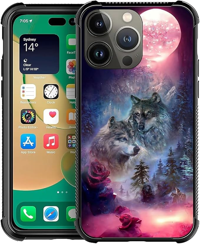 for iPhone 12 Pro Max Case, Star Two Wolfs Howling Pattern Graphic Design Girl Boy Soft Silicone Hard Acrylic Shock Protection for iPhone 12 Pro Max