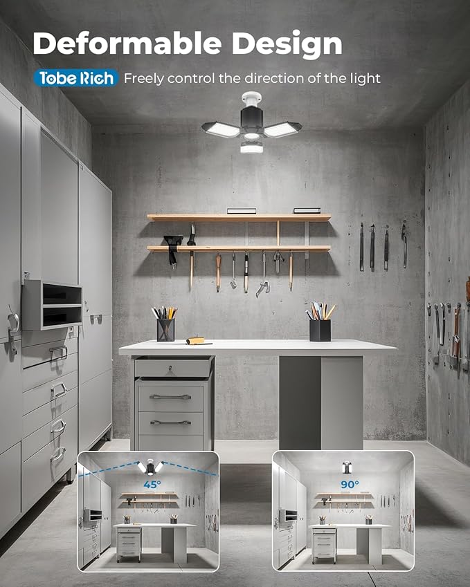 toberich LED Garage Light Bulbs 4 Pack, 8000LM Shop Lights with 3+1 Deformable Panels, 6500K Screw in Ceiling Lights Bay Lighting for Garage, Workshop, Workbench, Basement