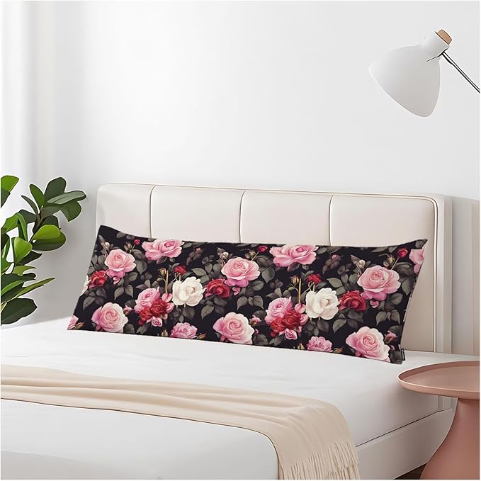 Outdoor Pillows Body Pillow Cover Rose Lumbar Body Pillow Case Protector Blossom Roses Body Cushion Covers Bed Body Pillowcases for Bedroom Couch Sofa 20"X54", Red Black