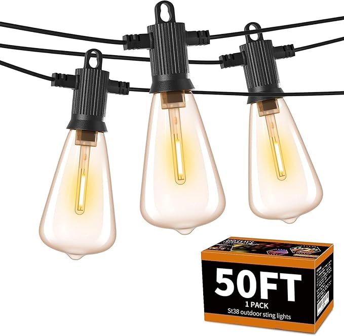 ZOTOYI Outdoor String Lights，50FT Patio Lights with 27 Vintage Edison Bulbs (2 Spare)，ST38 Waterproof Outside Hanging Light for Backyard, Bistro, Cafe, Gazebo, Porch Decor, Dimmable 2700K