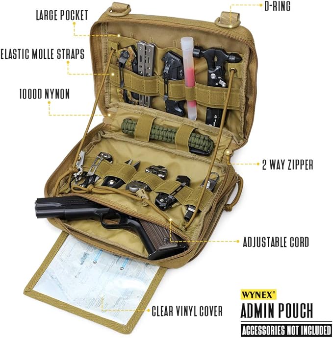WYNEX Tactical Molle Admin Pouch of Double Layer Design, Admin Pouches Molle Attachment Military Medical EMT Organizer with Map Pocket EDC EMT Pack IFAK Tool Holder Universal U.S.A Patch Included