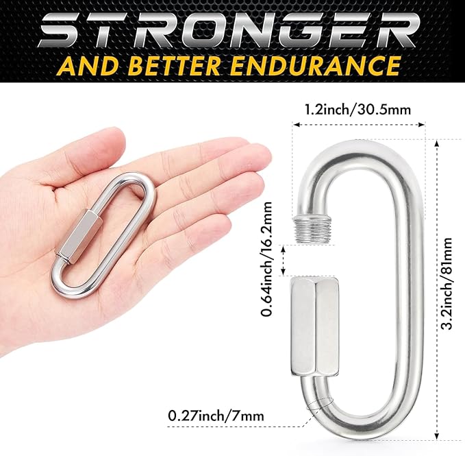 sprookber Stainless Steel Chain Quick Links - 304 Stainless Stee Chain Connector, Screw Carabiner, Chain Hooks, Set of 6