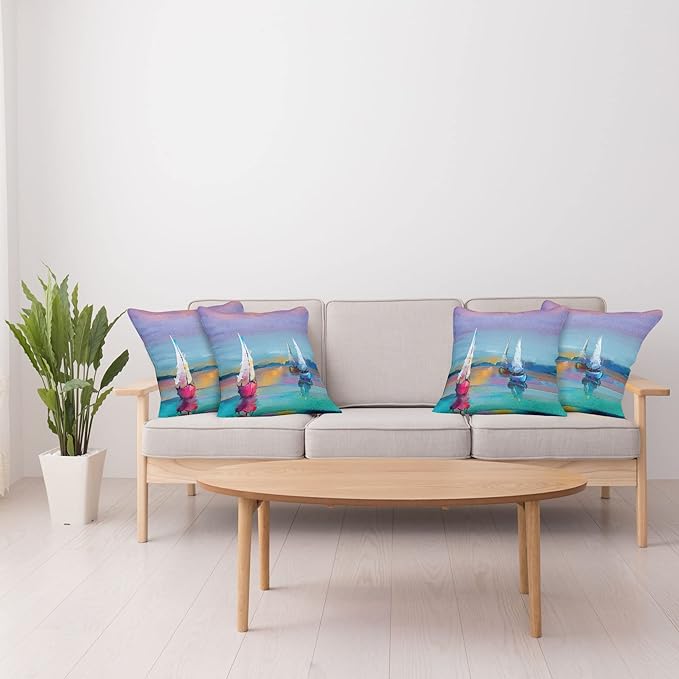 Ambesonne Abstract Oil Painting Decorative Throw Pillow Case Pack of 4, Modern Art with Boat Sail on The Sea Illustration of Nautical Motifs, Cushion Cover for Couch Living Room Car, 16", Purple Teal