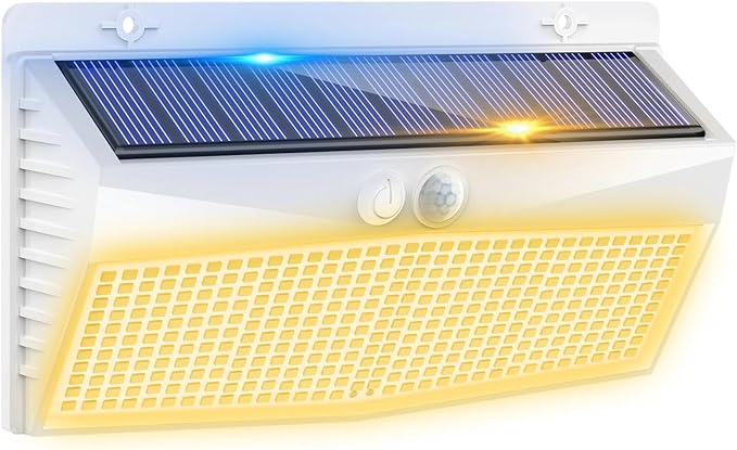 Peasur 1 Pack 368 LED Solar Lights Outdoor Motion Sensor, Solar Fence with 3 Lighting Modes, Powered Security Waterproof for Outside Yard Wall Garden,White Warm