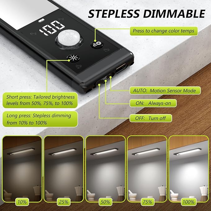 Mpotmiy Under Cabinet Lights with Digital Display,52 LED Rechargeable Motion Sensor Light Indoor,3 Color Temperatures, Magnetic Dimmable Closet Lights, Under Counter Light for Kitchen, Stairs,2-Pack