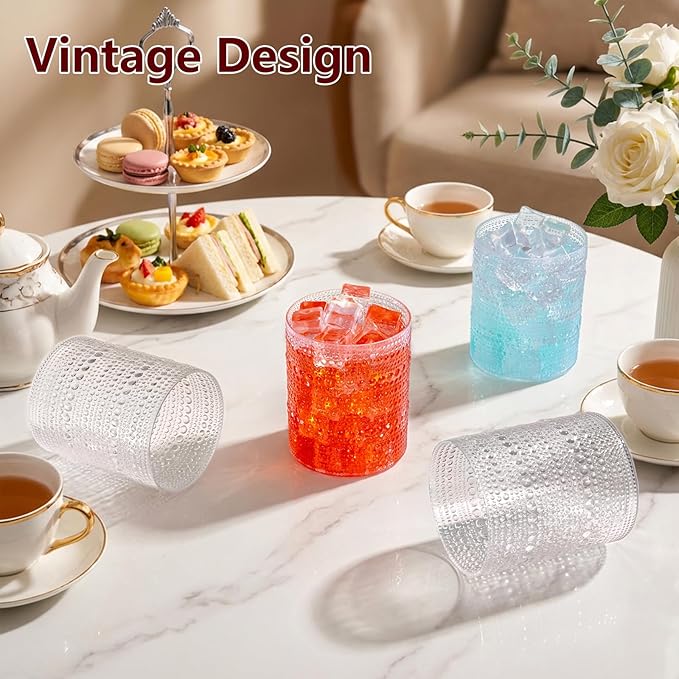 YOUBET 24PCS Plastic Hobnail Drinking Glasses - 14 Oz Clear Vintage Glasses Drinkware - Disposable Beaded Cups for Juice, Wine, Party