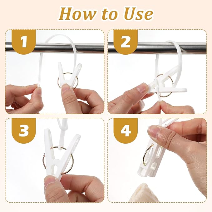 15 Pack Laundry Hooks with Rope, Multi-Purpose Clothes Pins & Hanging Clips for Closet Organizer, Windproof Drying Rack Accessories for Pants, Socks, Bras, Towels, Hats, Baby Clothes (White)
