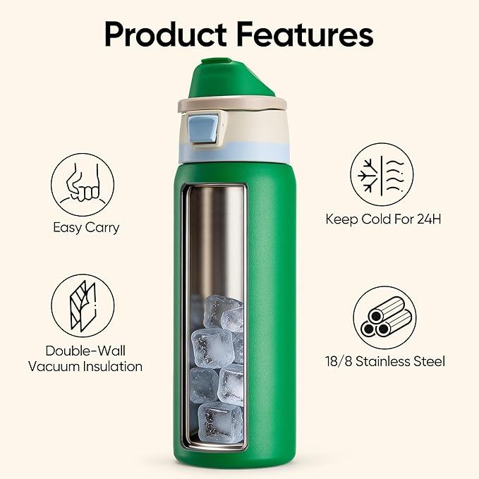 Fijinhom 32 oz Insulated Water Bottle with 2-in-1 Straw and Spout Lid, Stainless Steel Double Wall Vacuum Flask, Sports Water Bottle Keeps Cold 24H, Leak Proof for Gym, Outdoor, Travel (Green)