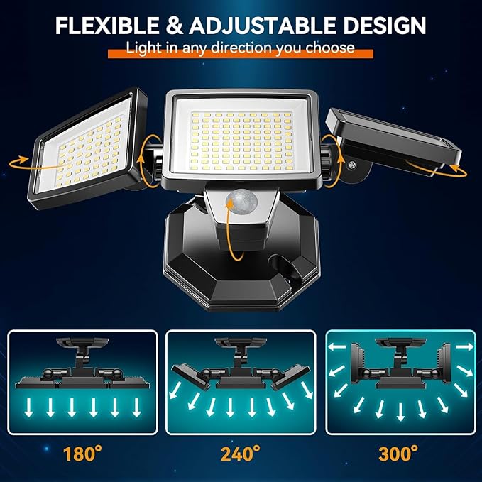 LED Security Lights Motion Sensor Outdoor Lights, 6500K Daylight, IP65 Waterproof, Dusk to Dawn, 3-Head Motion Detected Flood Light for Garage, Yard, Porch