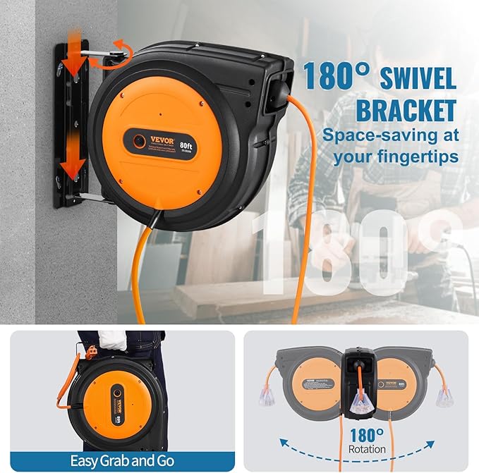 VEVOR Retractable Extension Cord Reel, 80 FT, Heavy Duty 12AWG/3C SJTOW Retractable Power Cord with Lighted Triple Tap Outlet, 15 Amp Circuit Breaker 180° Swivel Bracket for Ceiling or Wall Mount