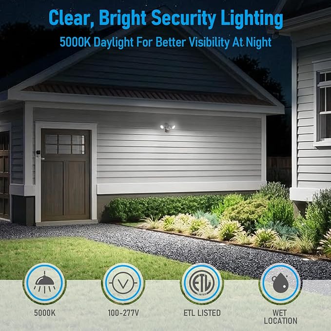 LEONLITE COB LED Security Light, Motion Sensor Outdoor Lights, Dusk to Dawn, 100-277V, ETL Listed, Adjustable Heads, Motion Detector Flood Light, Aluminum, IP65 Waterproof, 5000K Daylight, White