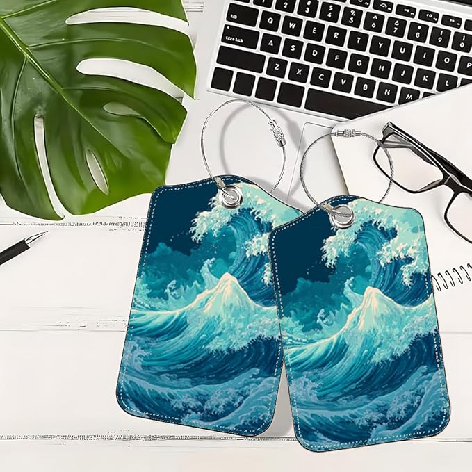 2Pcs Deep Ocean Blue Luggage Tags for Suitcases, 2.83x4.53 Abstract Sea Wave ID Labels with Privacy Cover, Aesthetic Nautical Bag Tags for Backpacks, Cruise Ship Travel Essentials, Set of 2