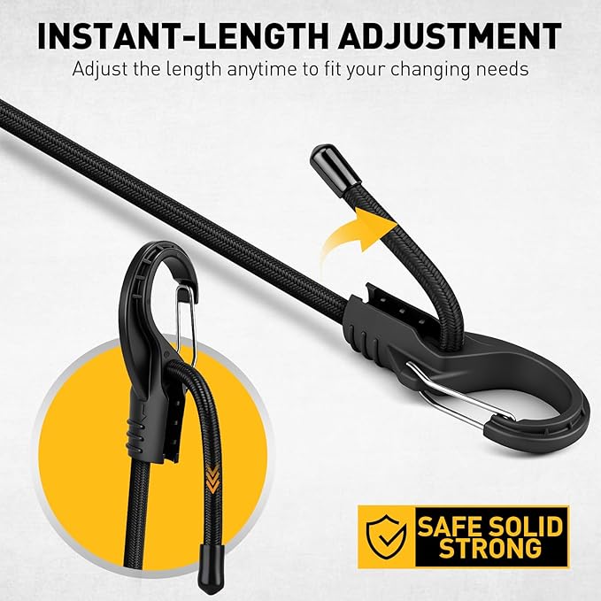 8-Piece 24-inch Adjustable Bungee Cords with Hooks, Heavy Duty Outdoor Carabiner Bungee Straps, Easily Adjust from 7" to 24", Black Super Elastic Cord for Cargo, Camping, Bike Racks, Tents