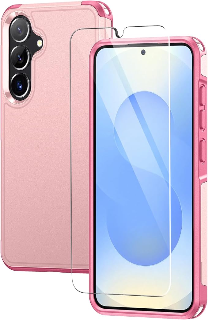 Lanhiem for Samsung Galaxy S25 S24 Phone Case with Tempered Glass Screen Protector, Shock Absorption, Anti-Scratch Shockproof Case Cover for Samsung S25 S24, Pink