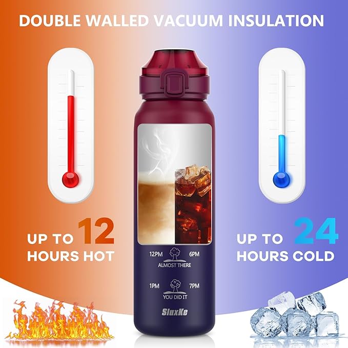 SLUXKE Insulated Water Bottle 17oz with 2Lids(Straw Lid & Spout Lid), 500ml Double Walled Water Bottle with Time Marker, Stainless Steel Metal Flask for Fitness, Gym and Outdoor RED BLACK