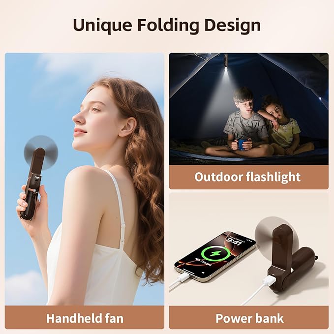 Mini Handheld Fan,USB Rechargeable 3 IN 1 Personal Cooler Fans with Power Bank,LED Flashlight,Small Foldable Portable Pocket Fan-Travel & Emergency Essentials for Outdoor Brown