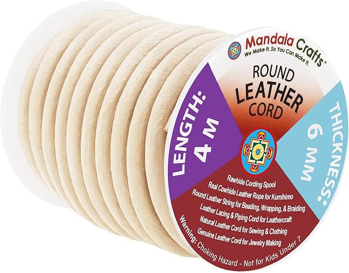 Mandala Crafts Round Genuine Cream Leather Cord for Jewelry Making – 6mm Cowhide Leather Rope String Lace for Kumihimo – 4.4 Yards Cowhide Craft Cording Spool