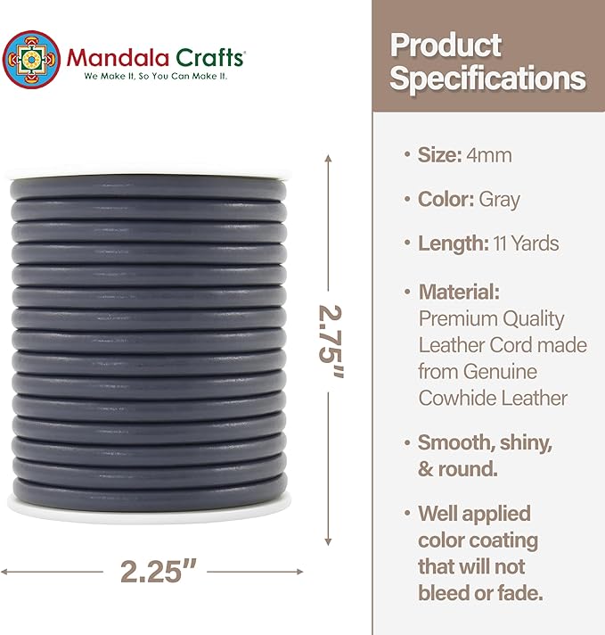 Mandala Crafts Round Cowhide Genuine Gray Leather Cord for Jewelry Making Kumihimo Leather Rope Spool - Gray 11 Yds 4mm Cording