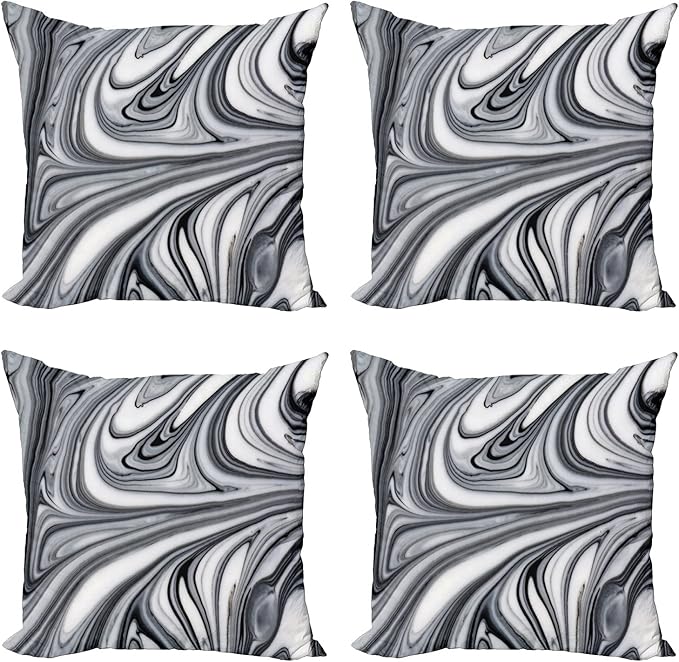 Ambesonne Abstract Throw Pillow Cushion Case Pack of 4, Mix of White and Black Hallucinatory and Surreal Liquid Marble Graphic Artwork, Modern Accent Double-Sided Digital Printing, 24", Grey