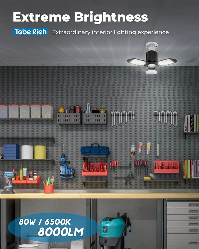 toberich LED Garage Light Bulbs 4 Pack, 8000LM Shop Lights with 3+1 Deformable Panels, 6500K Screw in Ceiling Lights Bay Lighting for Garage, Workshop, Workbench, Basement