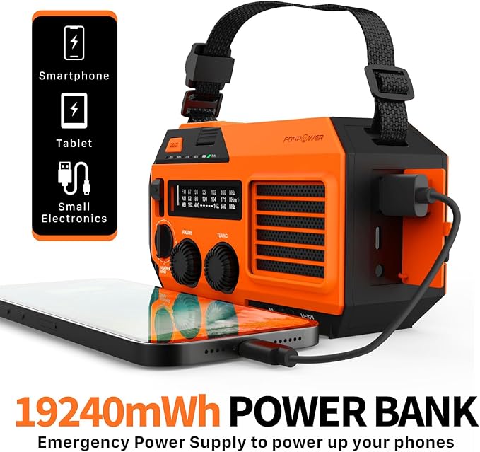 FosPower NOAA Emergency Weather Radio A6 19240mWh Portable Power Bank, AM/FM, USB/Solar/Hand Crank Charging, Battery Operated, SOS Alarm & Flashlight for Indoor/Outdoor Emergency - Orange