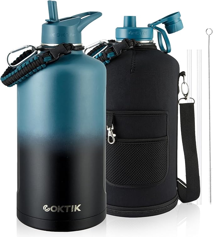 COKTIK 128oz Insulated Water Bottle - Stainless Steel Vacuum Metal, Portable 1 Gallon Large-Capacity Sports Bottle with Straw, Carry Bag and Handle Strap, Ideal for Gym & Hiking(Dark Night)