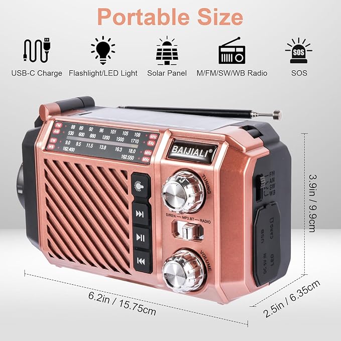 Hand Crank Emergency Weather Radio with 2600mAh/9620mWh Power Bank, NOAA AM FM Shortwave Portable Radio, Solar & USB-C Charging, Flashlight, SOS Alarm for Emergency Kits (Brown)