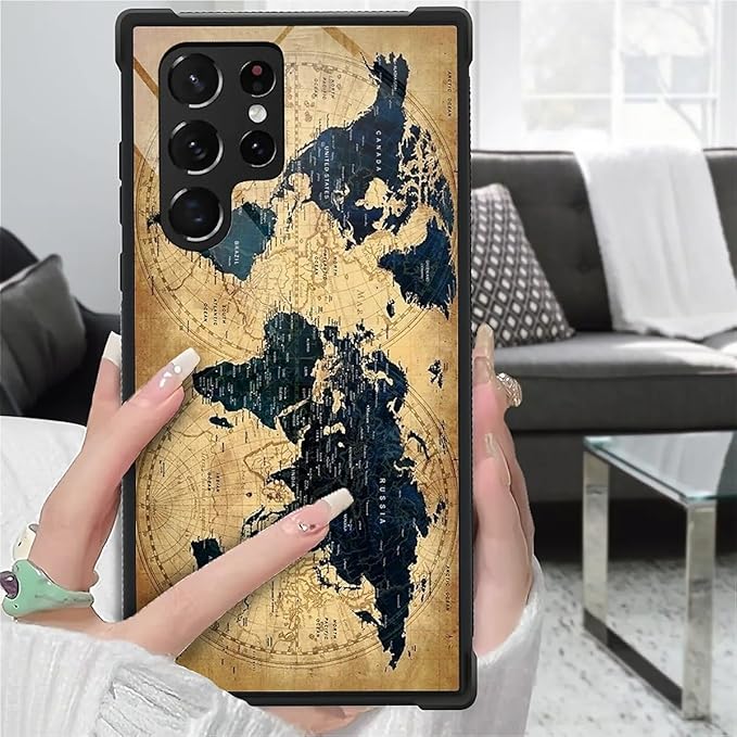 for Samsung Galaxy S23 Ultra Case, Brown World Map Pattern Graphic Design Girl Boy Soft Silicone Hard Acrylic Shock Protection for Samsung Galaxy S23 Ultra