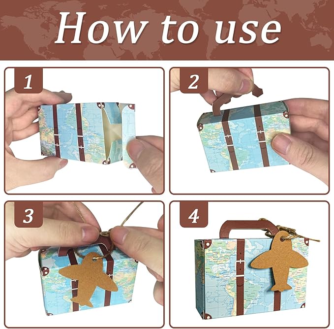 50Pcs Party Favor Candy Box, World Map Mini Suitcase Favor Box, Vintage Kraft Paper with Tags and Burlap Twine for Travel Themed Party, Bridal Shower, Wedding Decorations