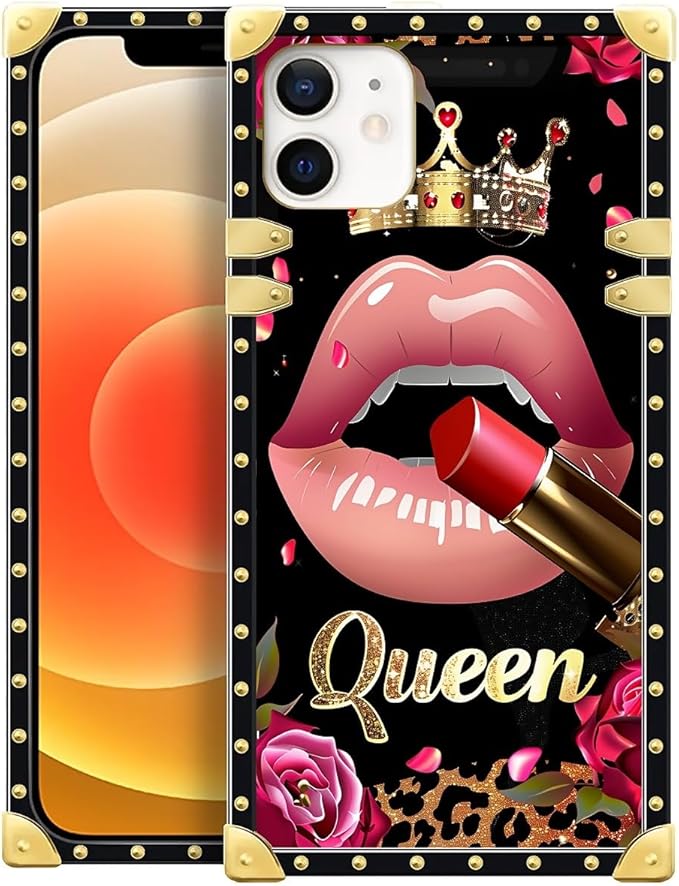 Compatible with iPhone 11 Case, Glitter Red Rose Queen Leopard Lipstick Luxury Golden Decoration for Girl Women Soft TPU Shockproof Protective Hard PC Back for iPhone 11