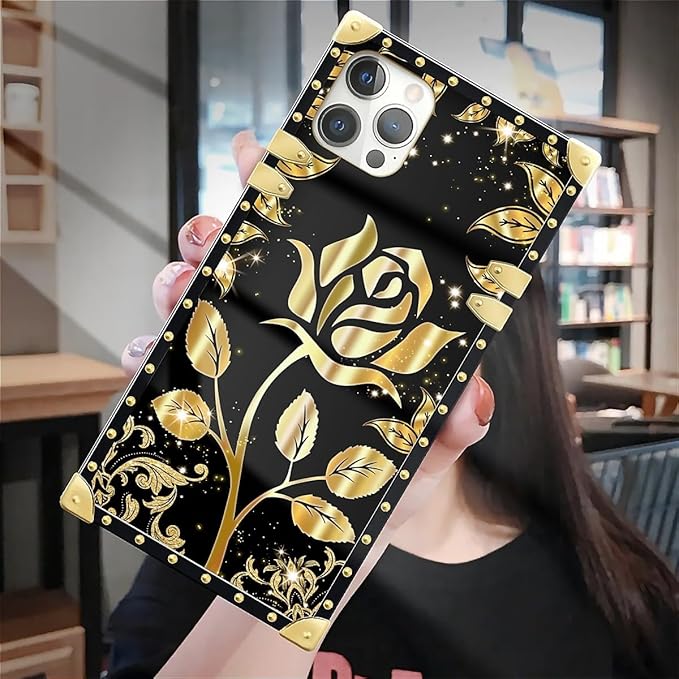 Compatible with iPhone 12 Pro Max Case, Shine Gold Rose Luxury Golden Decoration for Girl Women Soft TPU Shockproof Protective Hard PC Back for iPhone 12 Pro Max