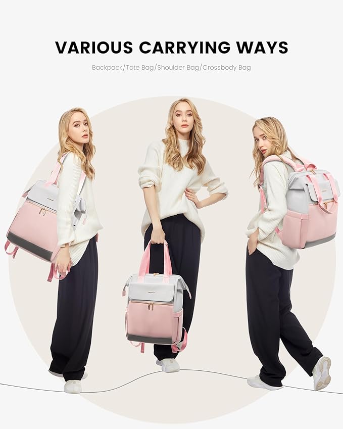 LOVEVOOK Laptop Backpack for Women, 15.6 Inch Work Laptop Bag with USB Port, Fashion Teacher Nurse Backpack Purse, Waterproof Travel Computer Backpack with Organizer Bag, 2PCS, Grey-Pink