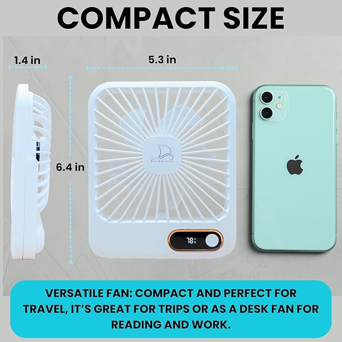 Cruise Fan Cabin Approved Carnival & Royal Carribbean Essentials With Magnetic Hook - Rechargeable Long Battery Life, USB-A & USB-C - Small Desk Fan - Folding & Portable, Plug-In And Battery Powered