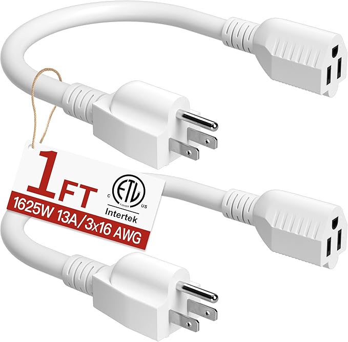 16/3 Short Extension Cord 1 FT 2 Pack, White Extension Cord Flexible & Durable, Indoor 3 Prong Power Cable, Suitable for Home and Office, 13 Amp 1625 Watt 125VAC 16AWG, ETL Listed