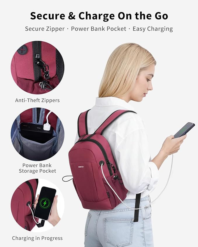 ECOHUB Mini Anti-Theft RFID Backpack for Women and Men, Water-Resistant, Lightweight Travel Daypack with iPad Sleeve, Key Holder, 9 Pockets, Gifting, Red