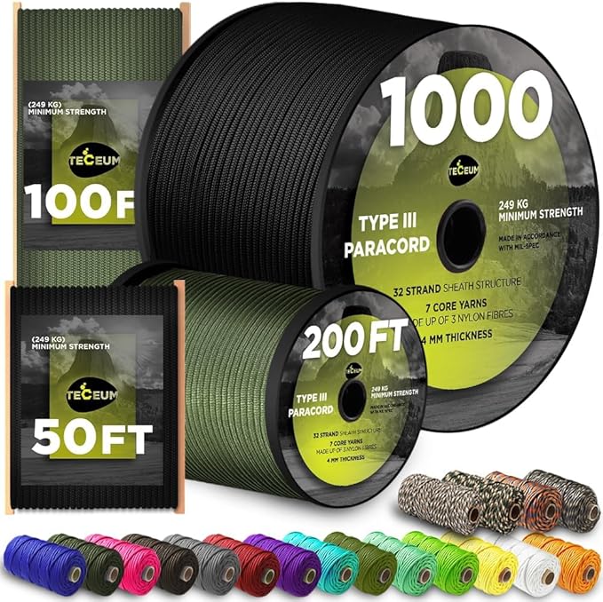 TECEUM Reflective Paracord Rope 1000 – 1000ft/200ft/100ft/50ft – 40+ Colors – Glow in The Dark – para Cord – Utility Rope for Survival, Hunting & Camping Gear – Nylon String, Camping Rope, Tent Cord