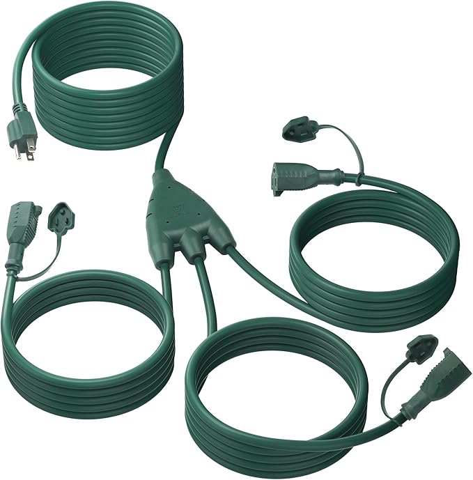 BN-LINK 1 to 3 Splitter Extension Cord, 24 ft End to End(36 ft Total), Multi-Outlet Power Cord, 16/3 SJTW Weather Resistant for Lighting, Landscaping & Holiday Decorations, Grounded, ETL