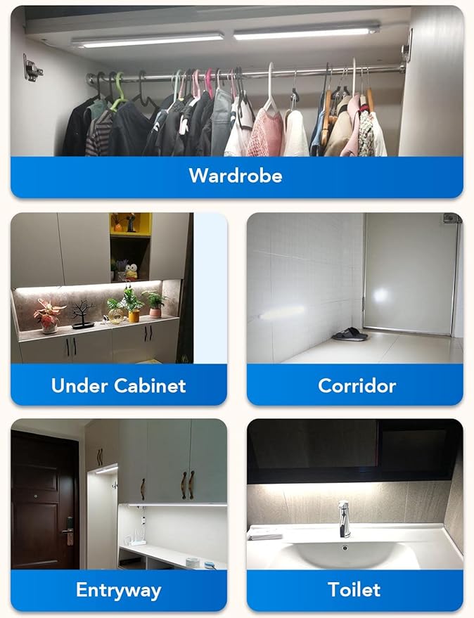 Under Cabinet Motion Sensor Lighting Indoor Plug in, 16" 12V LED Under Counter Lights Super Bright Ultra Thin Magnetic for Kitchen/Hallway/Toilet/Garage/Closet(Cold White/6000K, 2 Pack)