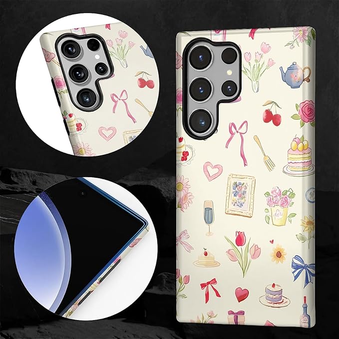 for Samsung Galaxy S24 Ultra Case,HL2 Aesthetic Bow Preppy Collage Hybrid 2 Layer Hard Shell Silicone Protective Pattern Design Case