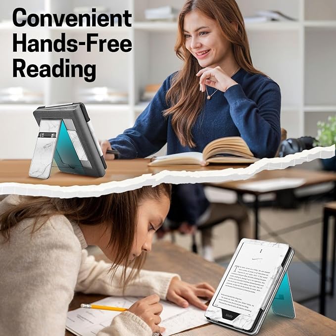 TNP Stand Case with Strap for Kindle Paperwhite 12th Gen 2024 / Kindle Colorsoft Signature Edition - 7" PU Leather Protective Folio Cover with Auto Wake/Sleep & Card Slot, Marble White