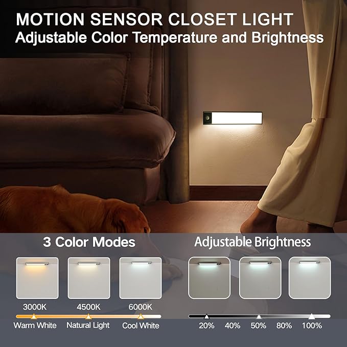 Under Cabinet Lighting, 4200mAh Motion Sensor Light Indoor, 3 Color Temp Rechargeable Battery Operated LED Closet Lights, Magnetic Under Counter Lights for Kitchen Stair (11 Inch, 2 Pack)