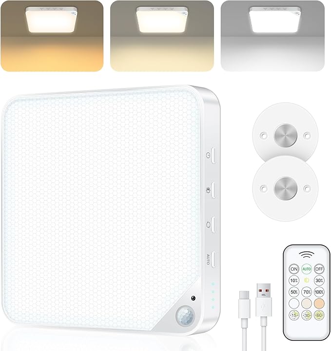 Rechargeable 6W Motion Sensor Ceiling Light Indoor, Wireless Magnetic Stick on Closet Light, Remote Control for Color & Brightness, Battery Operated Light for Shower, Bathroom, Pantry, Hallway, 1-Pack