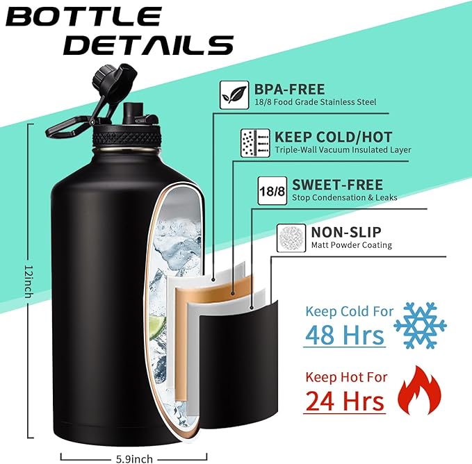 128OZ Insulated Water-Bottles with Strap - 1 Gallon Large Water Jug with Straw & Spout Lid, Stainless Steel Water Bottle Leak Proof, Cold-48h Hot-24h Metal Water Flask w/Paracord Handle, Carrier Bag