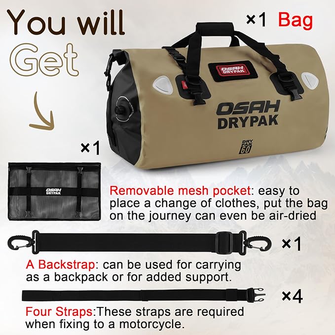 OSAH DRYPAK Waterproof Duffel Bag - Motorcycle Dry Bag Tail Bag with Large Storage Space, Waterproof Luggage Duffle Bags with Outer Mesh Zipper Pocket for Camping, Kayaking, Fishing & Traveling