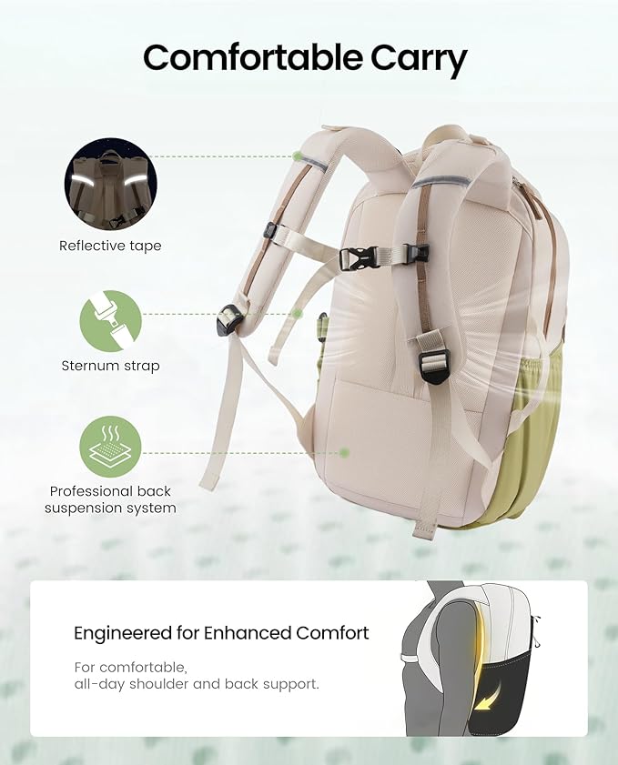 LOVEVOOK Everyday Laptop Backpack for Women & Men With Tumbler Holder,18 Inch Classic Travel Work College Teacher Carry on Backpack Purse,Waterproof Computer laptop Bag Hiking Backpack,Beige-Green