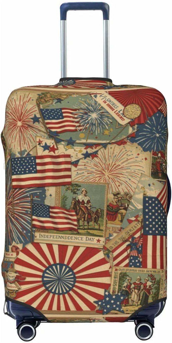 Patriotic 4th of July Luggage Cover, American Flag Fireworks Elastic Suitcase Protector for Independence Day Travel (Fits 25-28 Inch Luggage)