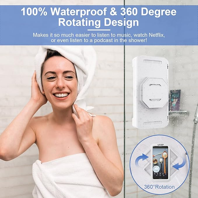 URROY Shower Phone Holder Waterproof, 360° Rotation Shower Phone Case, Anti-Fog High Sensitivity Universal Cover Mount Stand for Bathroom Wall Mirror Bathtub Kitchen, Gift for Men Women