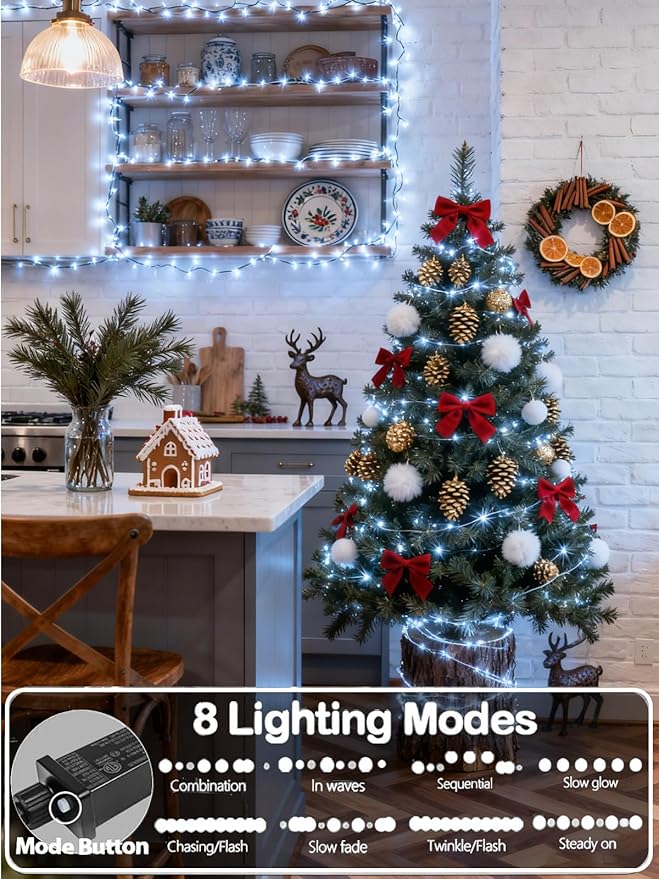 Upgraded Super Long 264FT 800 LED Christmas String Lights Outdoor & Indoor, Memory Function & Timer & 8 Modes, Green Wire Waterproof String Lights for Xmas Tree Holiday Party Garden Decor (Cool White)